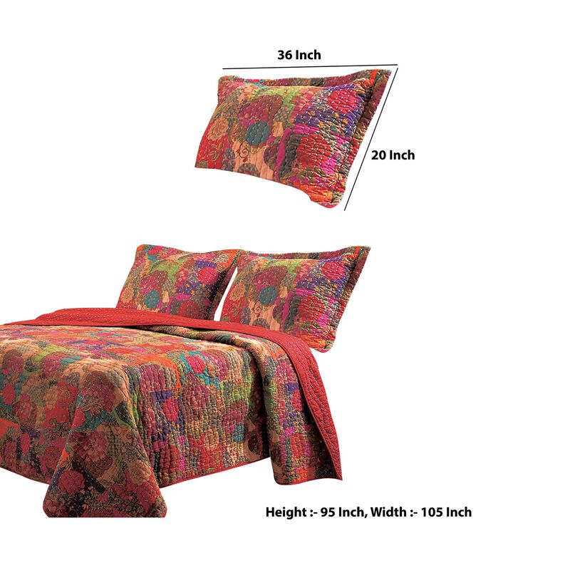 Tisa 3 Piece Reversible King Quilt Set with Floral and Fruit Pattern, Multicolor - Benzara