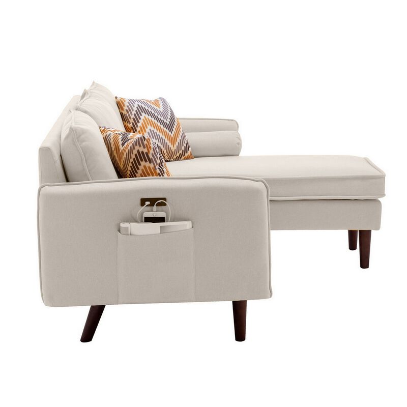 Ranon 70 Inch Sectional Chaise Sofa, USB Charging Port, Side Pocket, Beige-Benzara