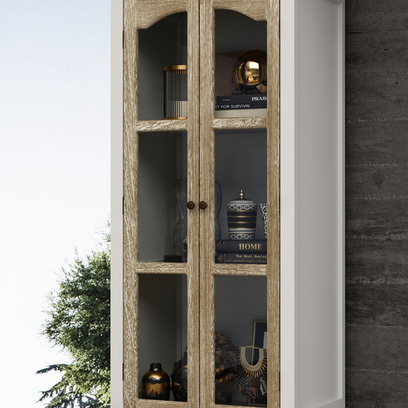 FUFU&GAGA Modern Tall Kitchen Pantry Cabinet with Glass Doors and Drawers for Dining Room Storage, (23.6" W x 73" H x 15.7" D), White & Brown