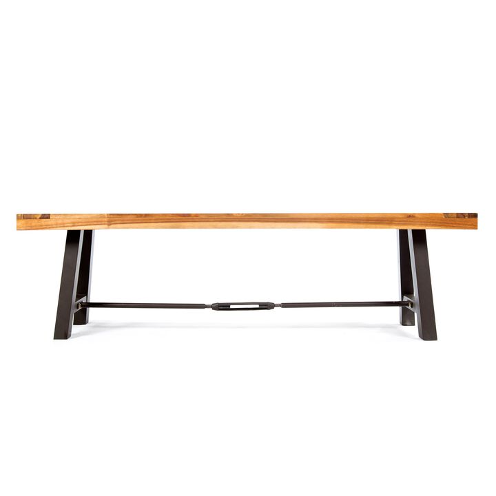 Outdoor Accent Dining Bench, 63" Brown Acacia Wood Top, Black Metal - Benzara