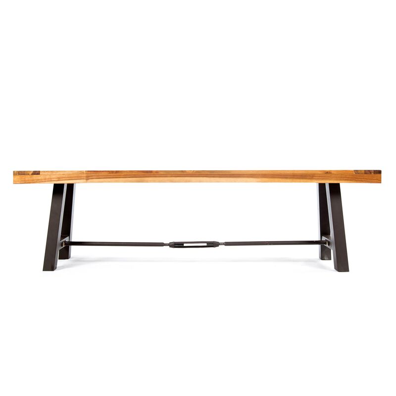 Outdoor Accent Dining Bench, 63" Brown Acacia Wood Top, Black Metal - Benzara