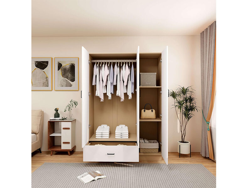 Armoire Wardrobe Closet, Bedroom Armoires with Hanging Rod, 3 Doors and 3 Storage Cabinets, Wardrobe Closet with Drawer,White