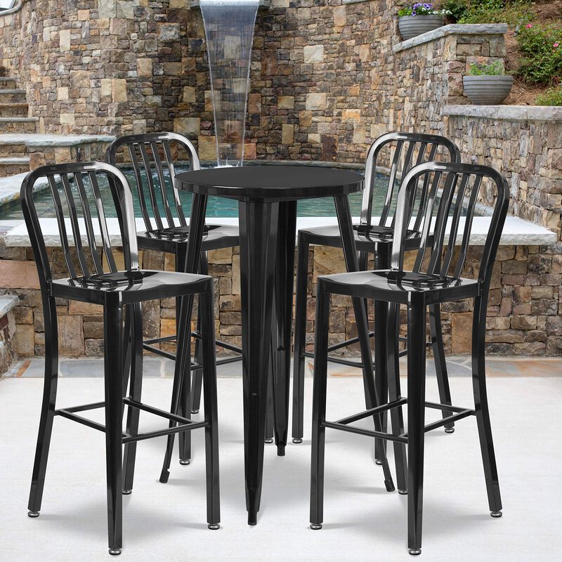 Flash Furniture Commercial Grade 24" Round Black Metal Indoor-Outdoor Bar Table Set with 4 Vertical Slat Back Stools