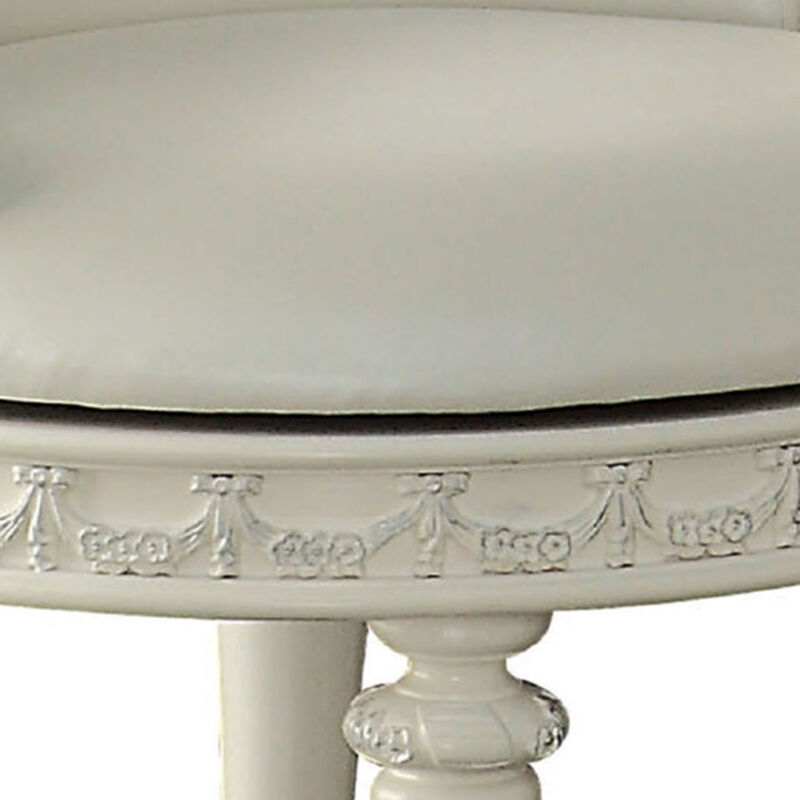 Dorie 21 Inch Swivel Chair Vanity Stool, Low Back, Ivory White Faux Leather - Benzara