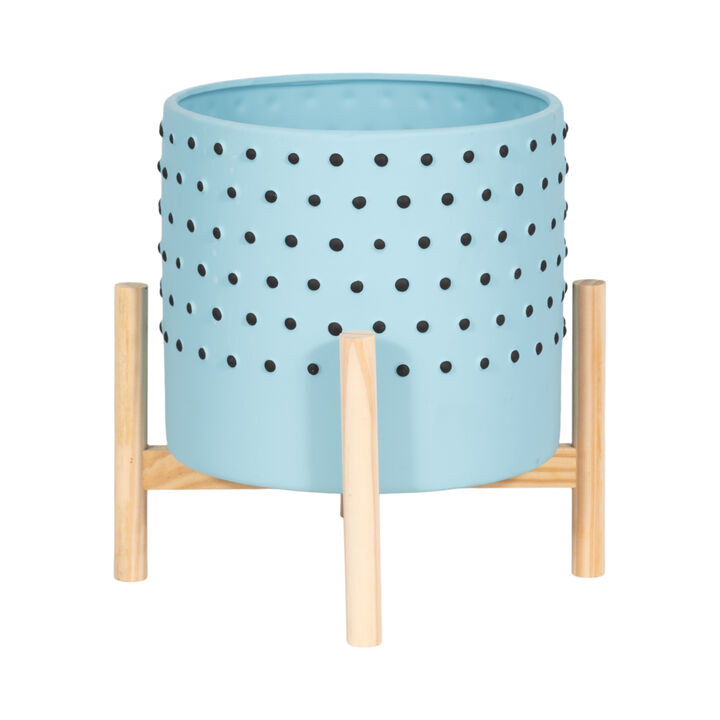 10" Dotted Planter with Wood Stand, Blue