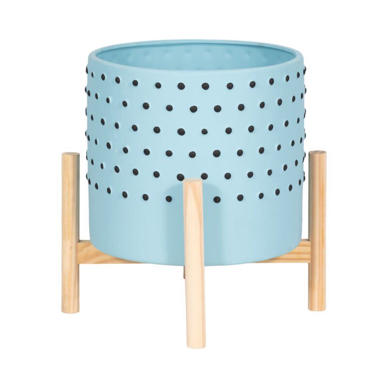 10" Dotted Planter with Wood Stand, Blue