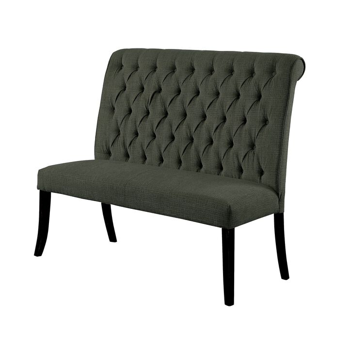 Button Tufted Fabric Upholstered Wooden Love Seat Bench, Beige and Black-Benzara Button Tufted Fabric Upholstered Wooden Love Seat Bench, Beige and Black-Benzara