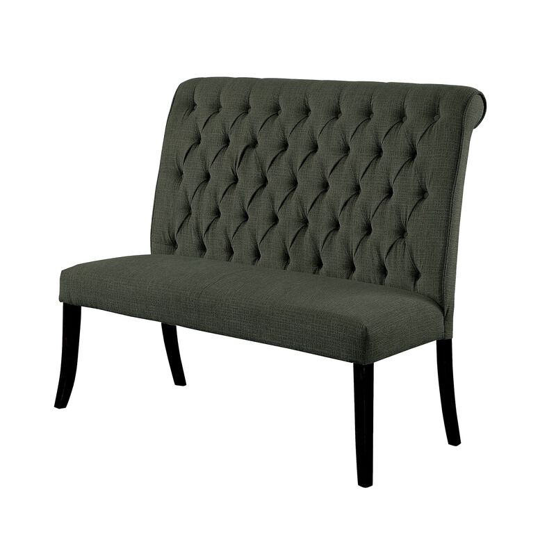 Button Tufted Fabric Upholstered Wooden Love Seat Bench, Beige and Black-Benzara