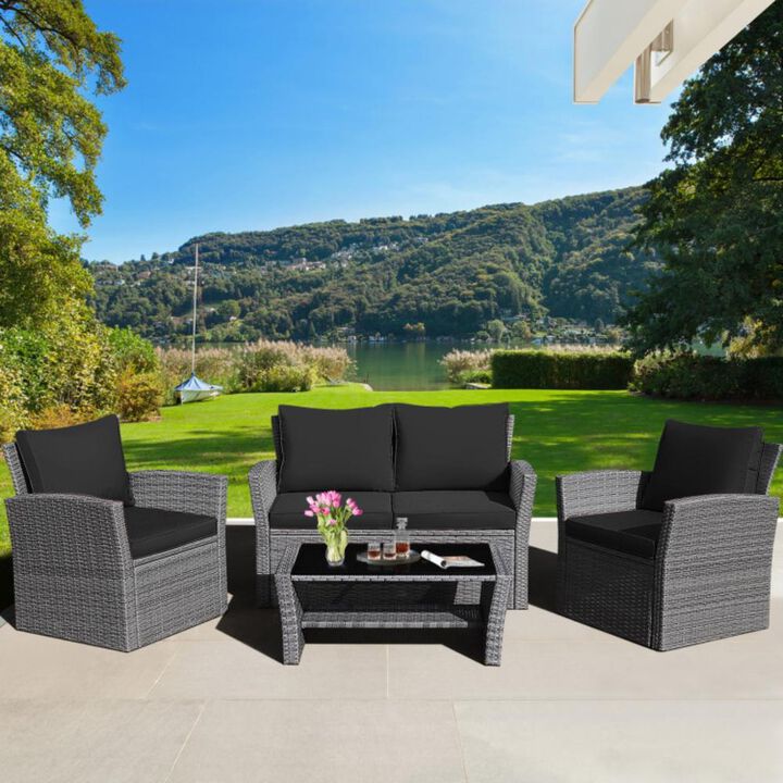 Hivvago 4 Pieces Patio Rattan Furniture Set Sofa Table with Storage Shelf Cushion