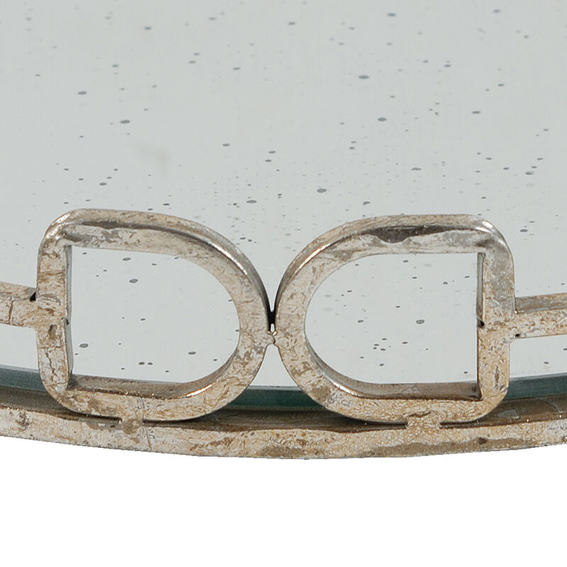 Sui 18 Inch Round Tray, Glass Bottom,  Silver Geometric Frame, Large - Benzara