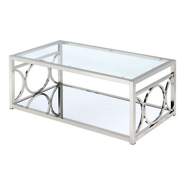 Paire 47 Inch Coffee Table, Glass Top, Mirrored Bottom Shelf, Metal Accents - Benzara