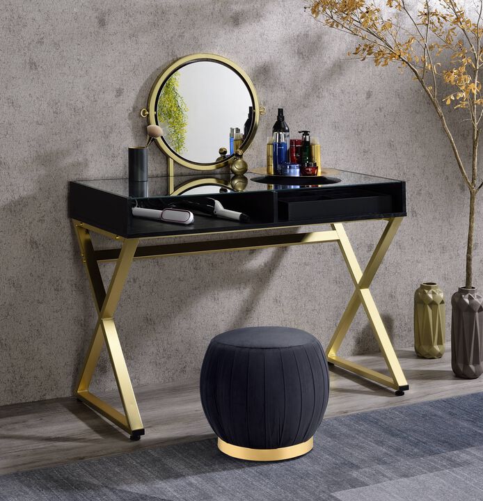 ACME Coleen Vanity Desk w/Mirror & Jewelry Tray, Black & Gold Finish