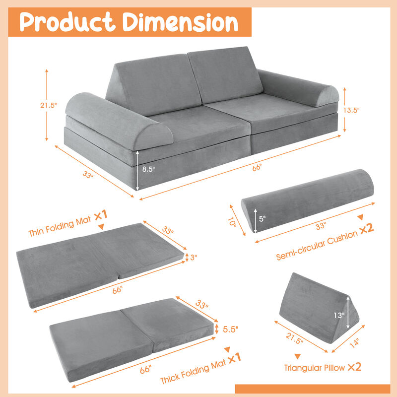 6-Piece Convertible Kids Sofa Playset with Zipper for Versatile Seating and Fun Playtime