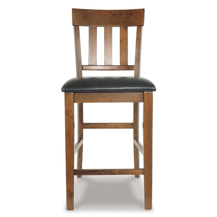 Raly Counter Height Chair Set of 2, Brown Faux Leather, Slatted Back - Benzara