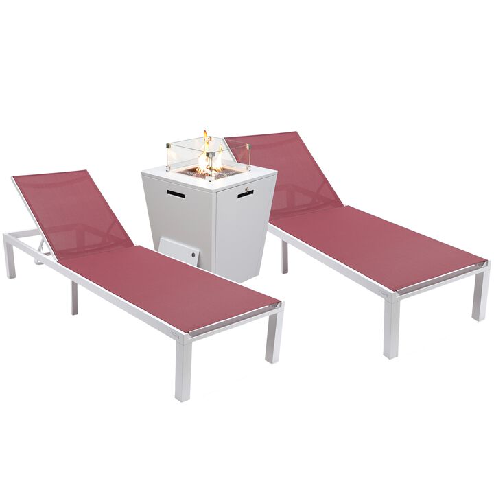 LeisureMod Marlin Modern Aluminum Outdoor Patio Chaise Lounge Chair in White Frame Set of 2 with Square Fire Pit Side Table in White