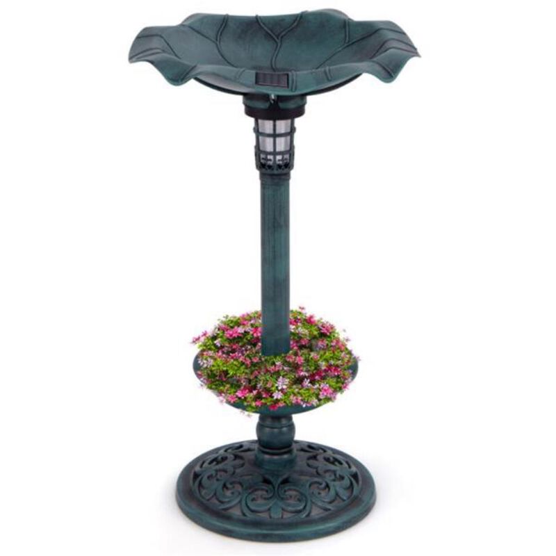 Solar-Powered Pedestal Birdbath & Feeder Combo Outdoor Garden Water Bowl with Light