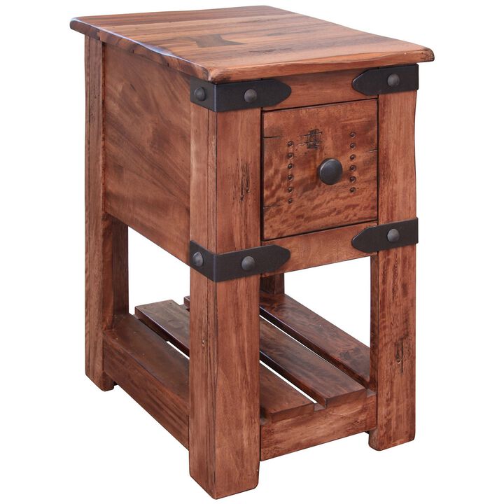 Umey 24 Inch 1 Drawer Narrow Chairside End Table, Belt Accents, Brown Wood-Benzara