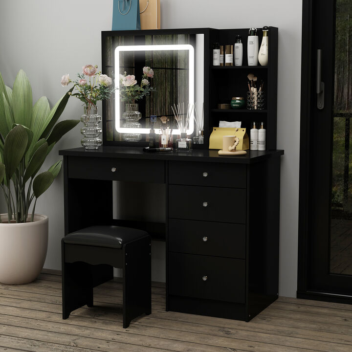 5-Drawers Black Wood LED Push-Pull Mirror Makeup Vanity Sets Dressing Table Sets with Stool and 3-Tier Storage Shelves