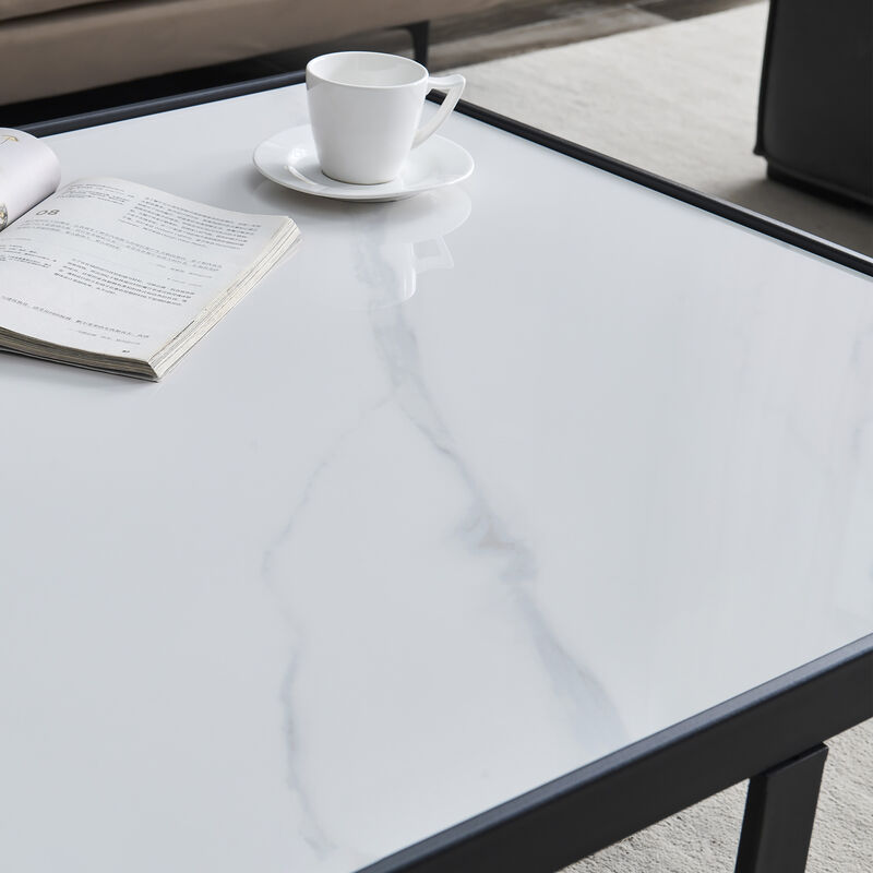 Modern Square Coffee Table with Sintered Stone Surface and Metal Base