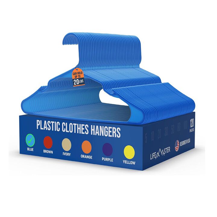 Lifemaster Plastic Clothes Hangers – Heavy Duty Hanger Set, For Organizing Clothes, Dresses, and Coat, Holds Up To 5 lbs, Space-saving Hangers with Non-Slip Shoulder Grooves, Pack of 120, Blue