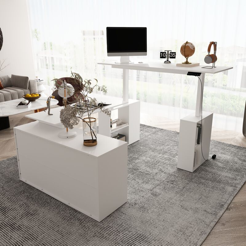 FUFU&GAGA 63-in White Modern/Contemporary L-shaped Desk Hutch Included,(72.4" W x 47.2" D x 46.6" H), White