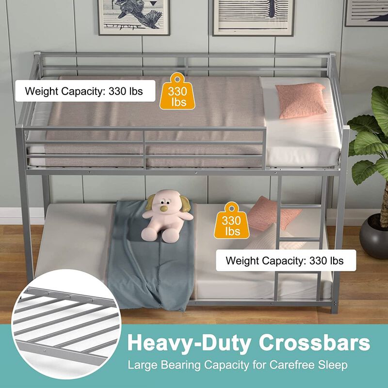 QuikFurn Twin over Twin Low Profile Modern Bunk Bed in Silver Metal Finish