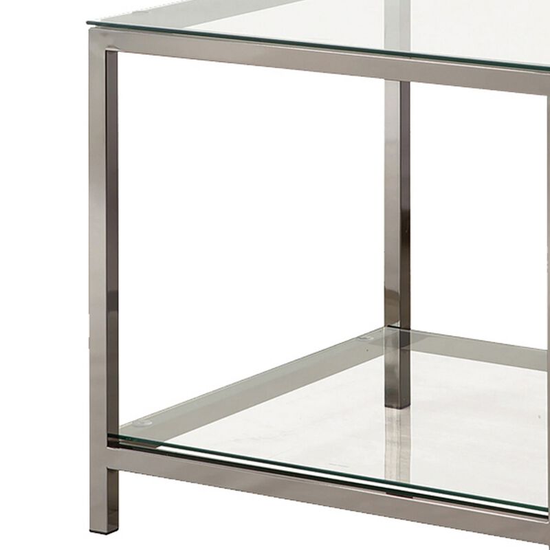 Glass Top End Table with Metal Frame and Open Shelf, Nickel-Benzara