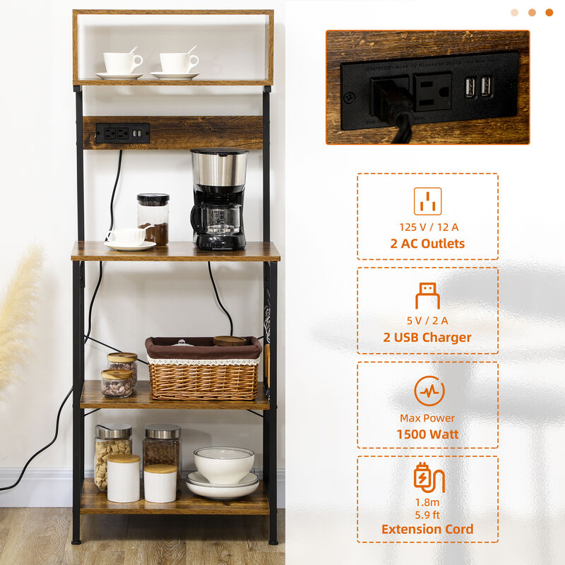HOMCOM Baker's Rack with Power Outlet, USB Charger, Microwave Stand, Brown