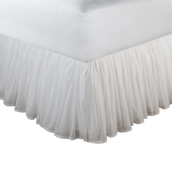 Twin Bed Skirt, Polyester Platform, Cotton Voile Drop, Ruffled Edge, White  - Benzara
