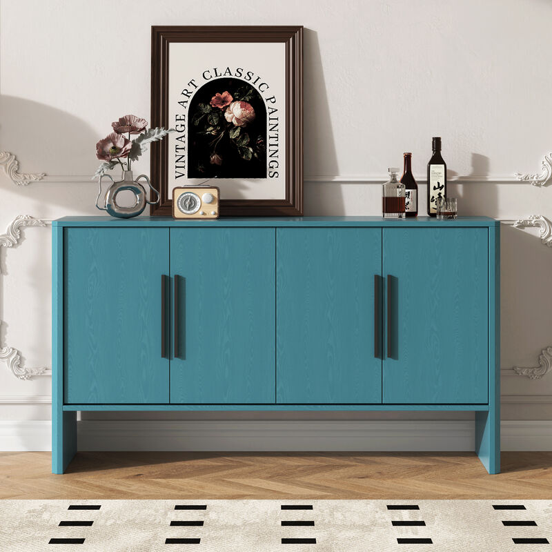 Clihome Sideboard Buffet Cabinet with Storage, Retro Sideboard Cabinet with Adjustable Shelves and Long Handles, 4-Door Wood Sideboard for Kitchen, Dining Room and Living Room (Antique Blue)