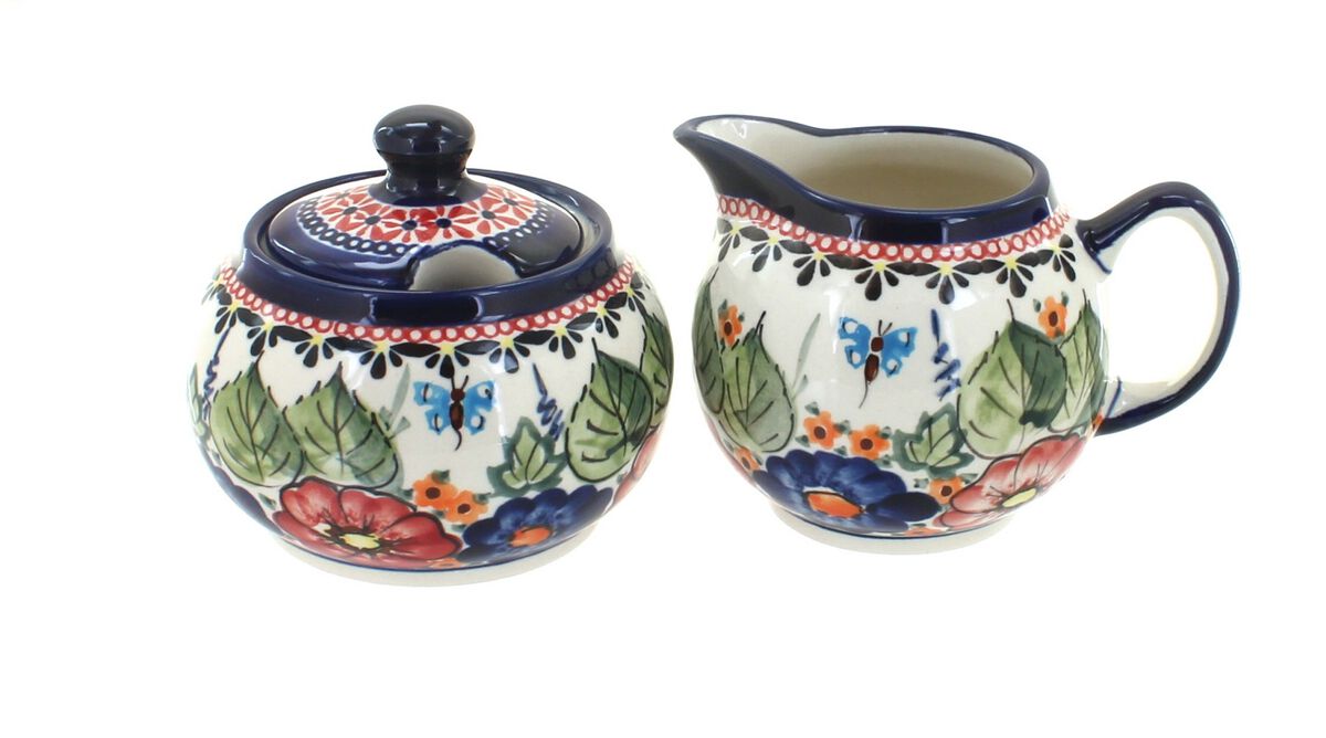 Blue Rose Polish Pottery Nature Cream & Sugar Set