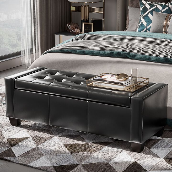 Versatile Black Beauty: 50.5" Tufted Faux Leather Storage Ottoman