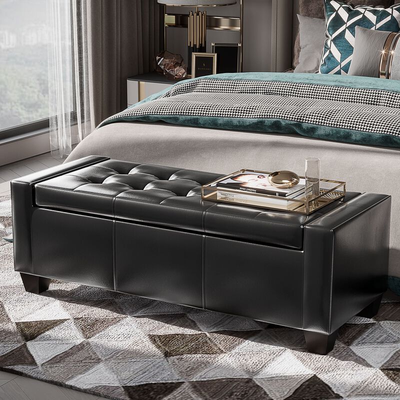 Versatile Black Beauty: 50.5" Tufted Faux Leather Storage Ottoman