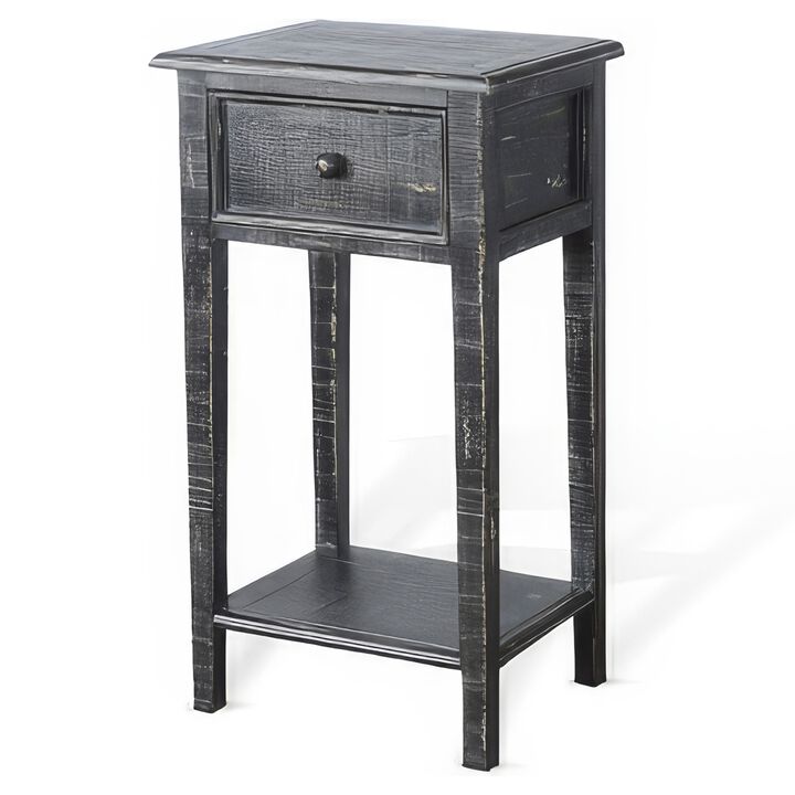 Rena Side End Table with 1 Drawer, 17 Inch Rustic Black Mahogany Wood - Benzara