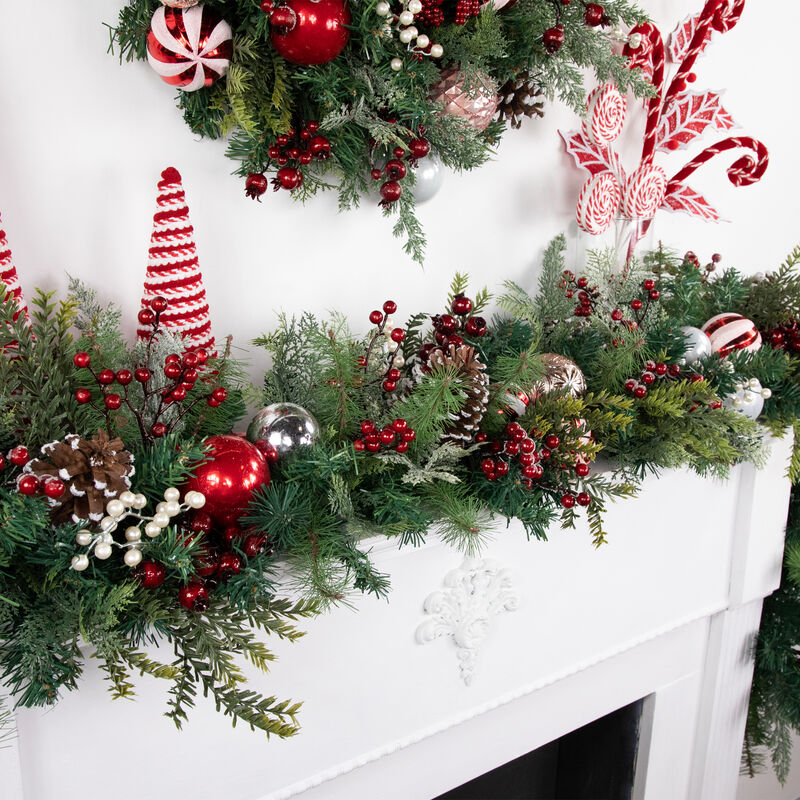 7' Green  Red and White Peppermint Decorated Artificial Christmas Garland