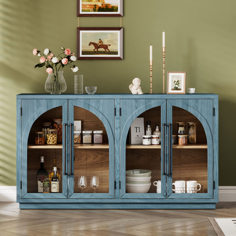 TREXM 4-Door Large Storage Sideboard Buffet Cabinet with Glass Doors, Arched Cabinet with Adjustable Shelves for Kitchen, Dining Room and Living Room (Navy)
