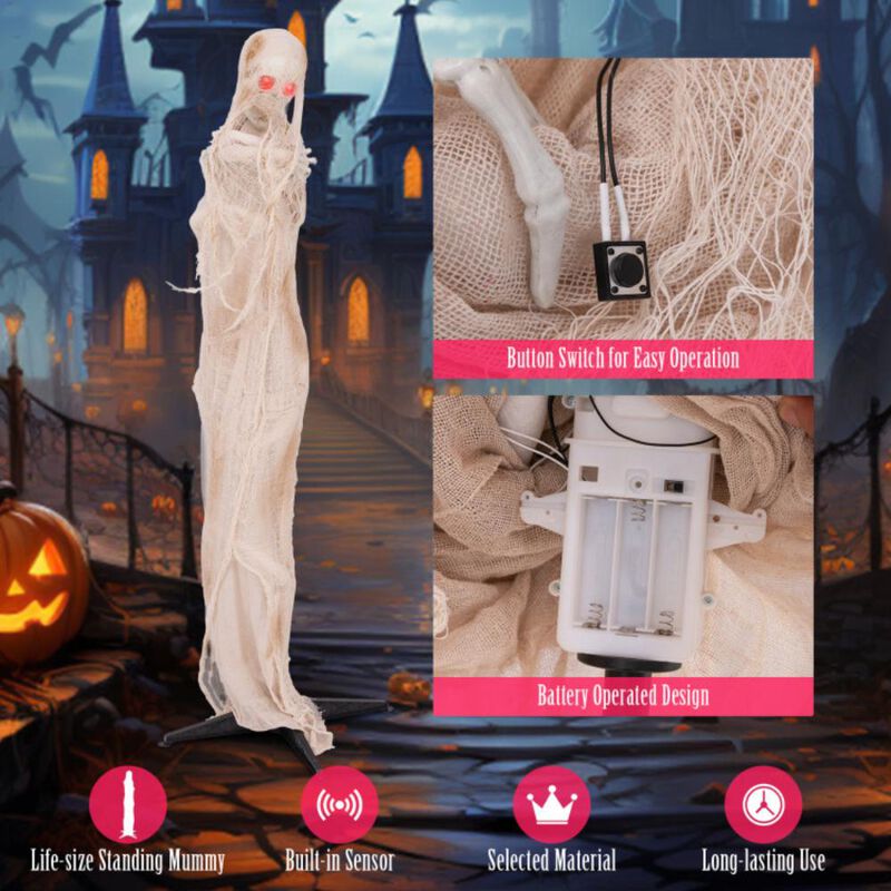 Hivvago 6FT Halloween Animated Standing Mummy with LED Red Glowing Eyes