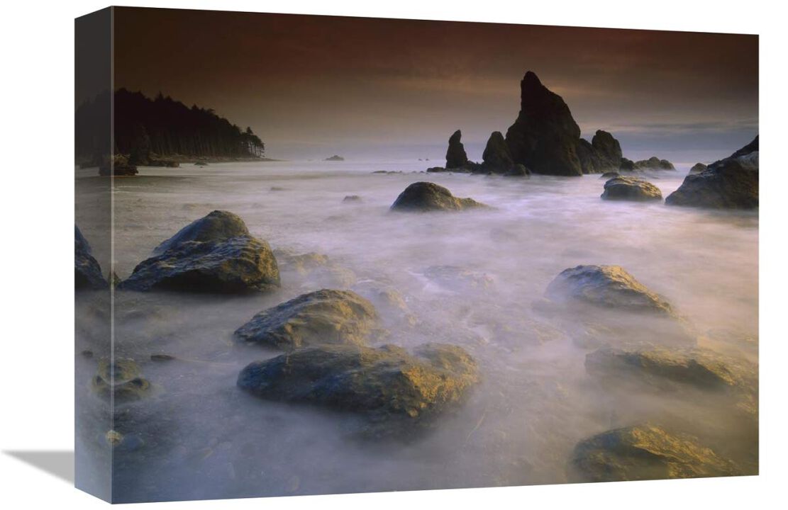 Sea stack and rocks along shoreline at Ruby Beach, Olympic National Park, Washington-Canvas Art-16x12