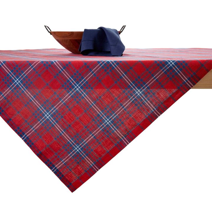 Solino Home 100% Pure Linen Red and Navy Tartan Plaid Table Throw 52 x 52 Inch