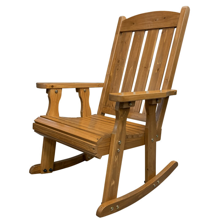 Wooden Rocking Chair with Comfortable Backrest Inclination, High Backrest and Deep Contoured Seat, Solid Fir Wood, Heavy Duty 600 LBS, for Both Outdoor and Indoor, Backyard, Porch and Patio