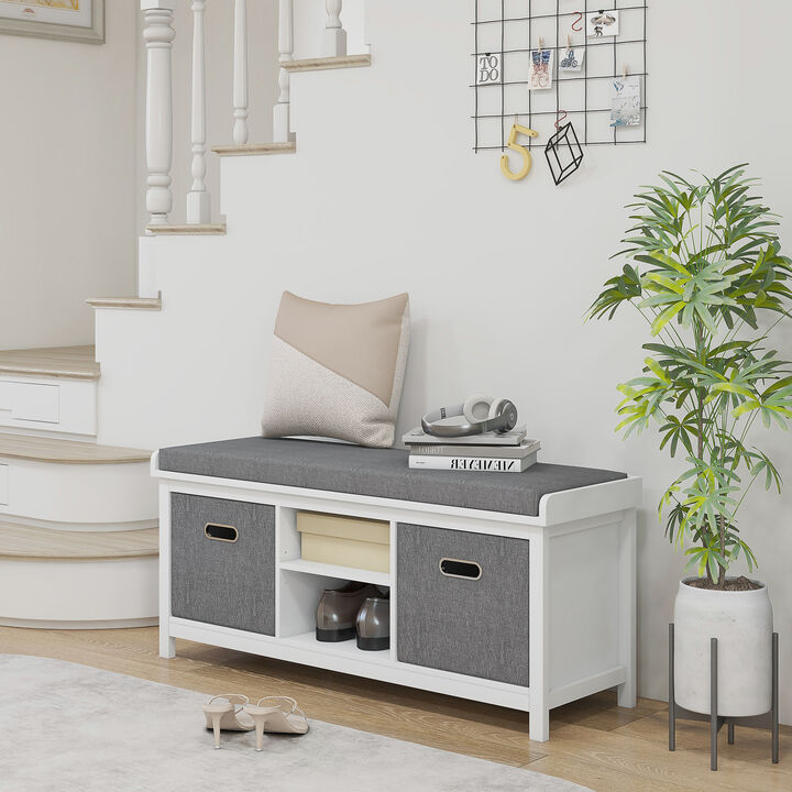 HOMCOM Storage Shoe Bench with Cushion, Fabric Drawers for Entryway, White