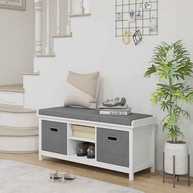 HOMCOM Storage Shoe Bench with Cushion, Fabric Drawers for Entryway, White