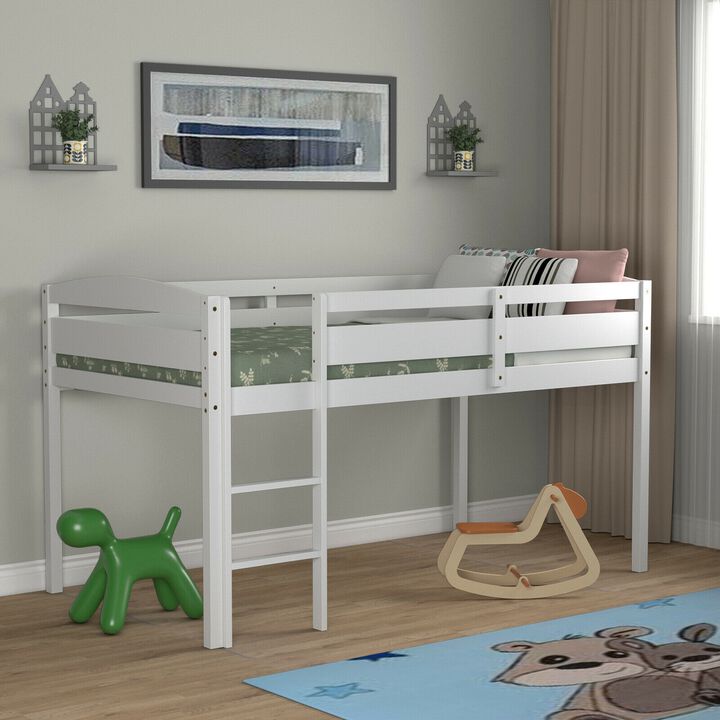 Wooden Twin Low Loft Bunk Bed with Guard Rail and Ladder.