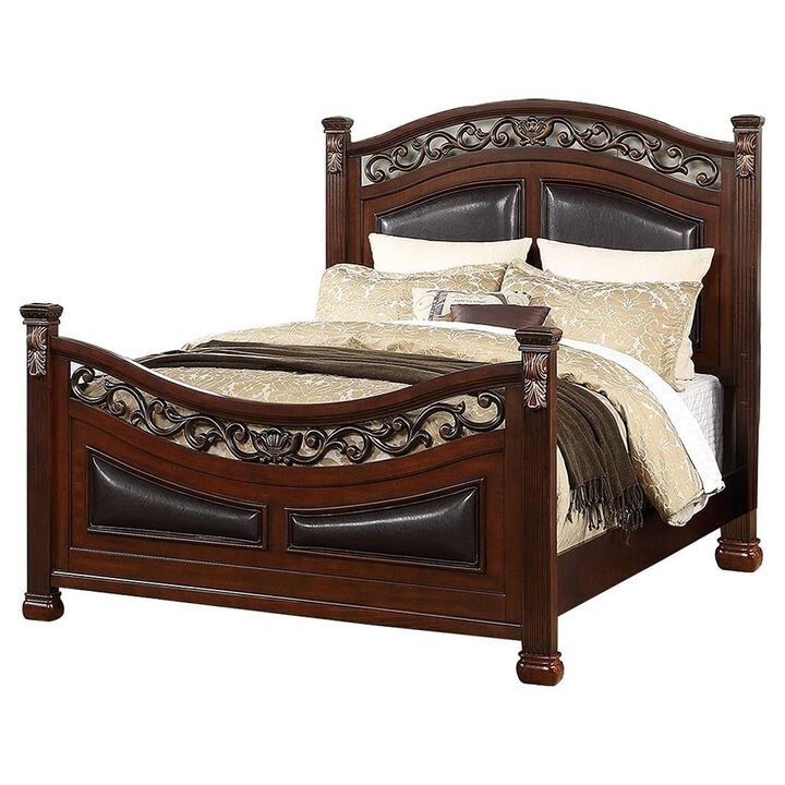 Meo King Size Bed, Padded Carved Dark Brown Faux Leather Upholstered - Benzara