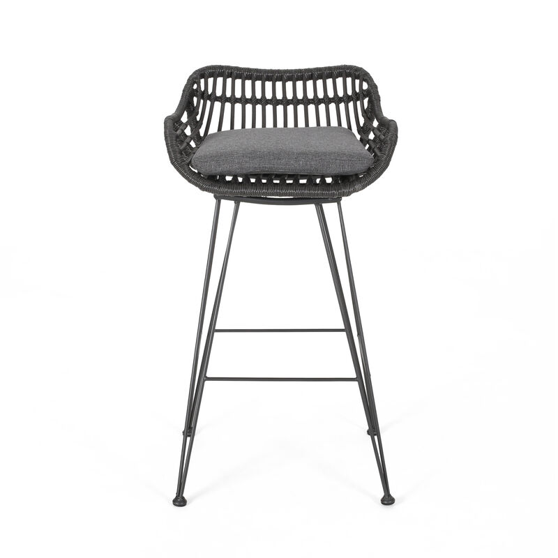 Modern Outdoor Wicker Barstools with Cushions (Set of 2)