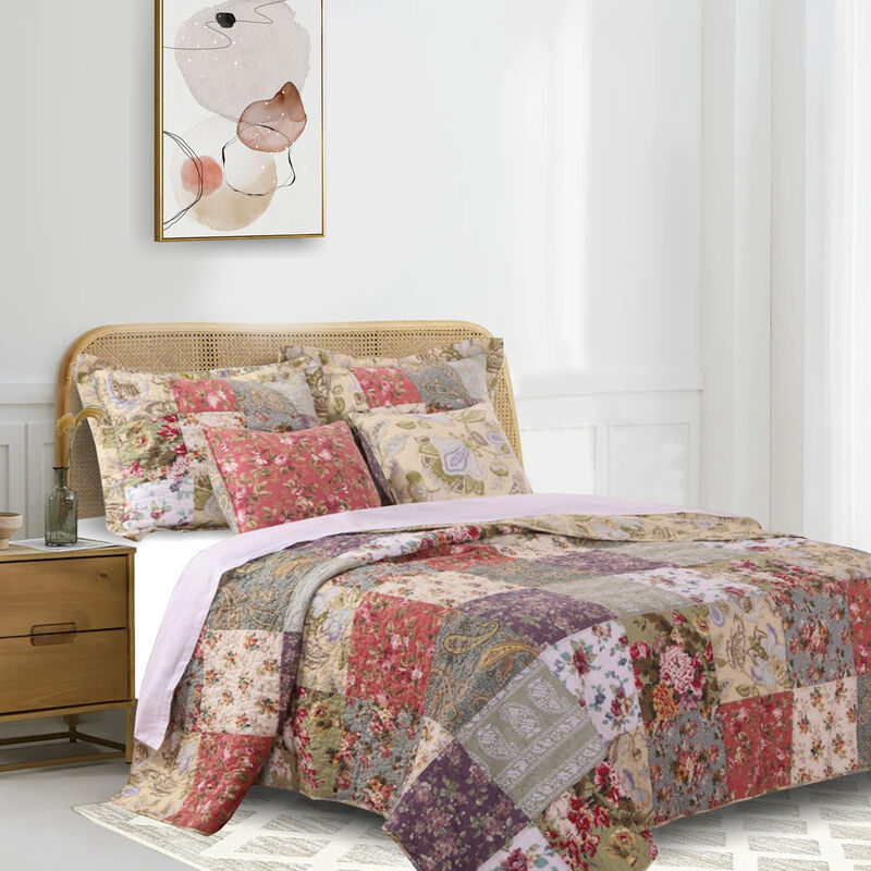 Chicago 5 Piece Fabric Queen Size Quilt Set with Jacobean Prints,Multicolor - Benzara