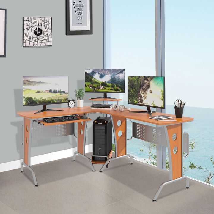 Wooden Gaming Station: Corner L-Shaped Desk with Elevated Shelf & CPU Stand