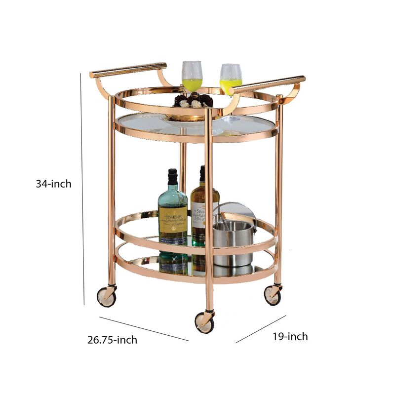 Oval Metal Serving Cart, Clear Glass & Copper-Benzara