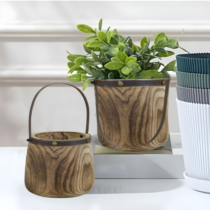 Natural Wooden Pail Planter for Rustic Garden Décor and Outdoor Styling