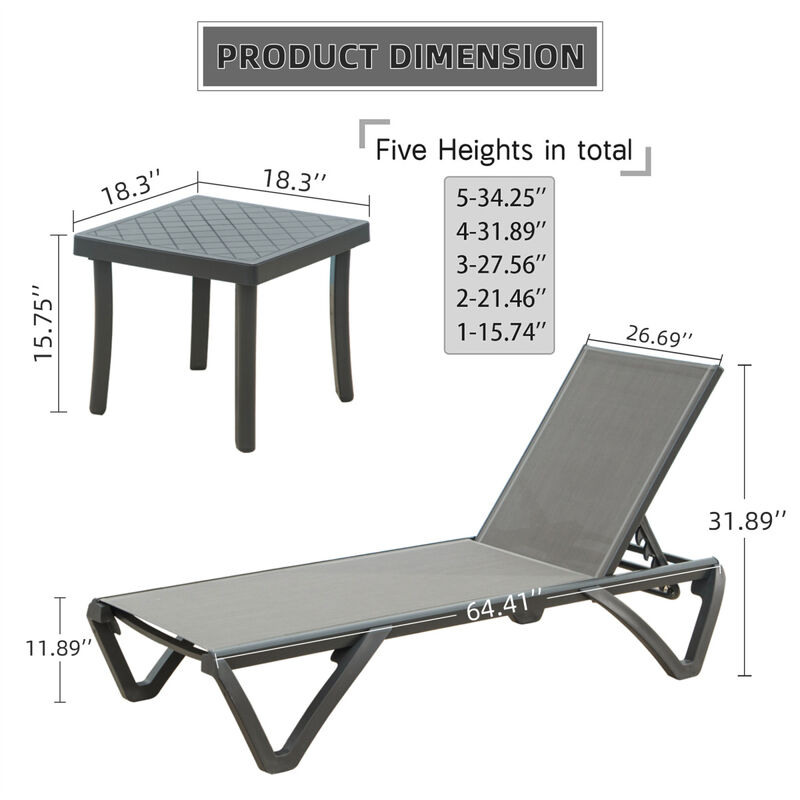 3-Piece Patio Chaise Lounge Set with Table